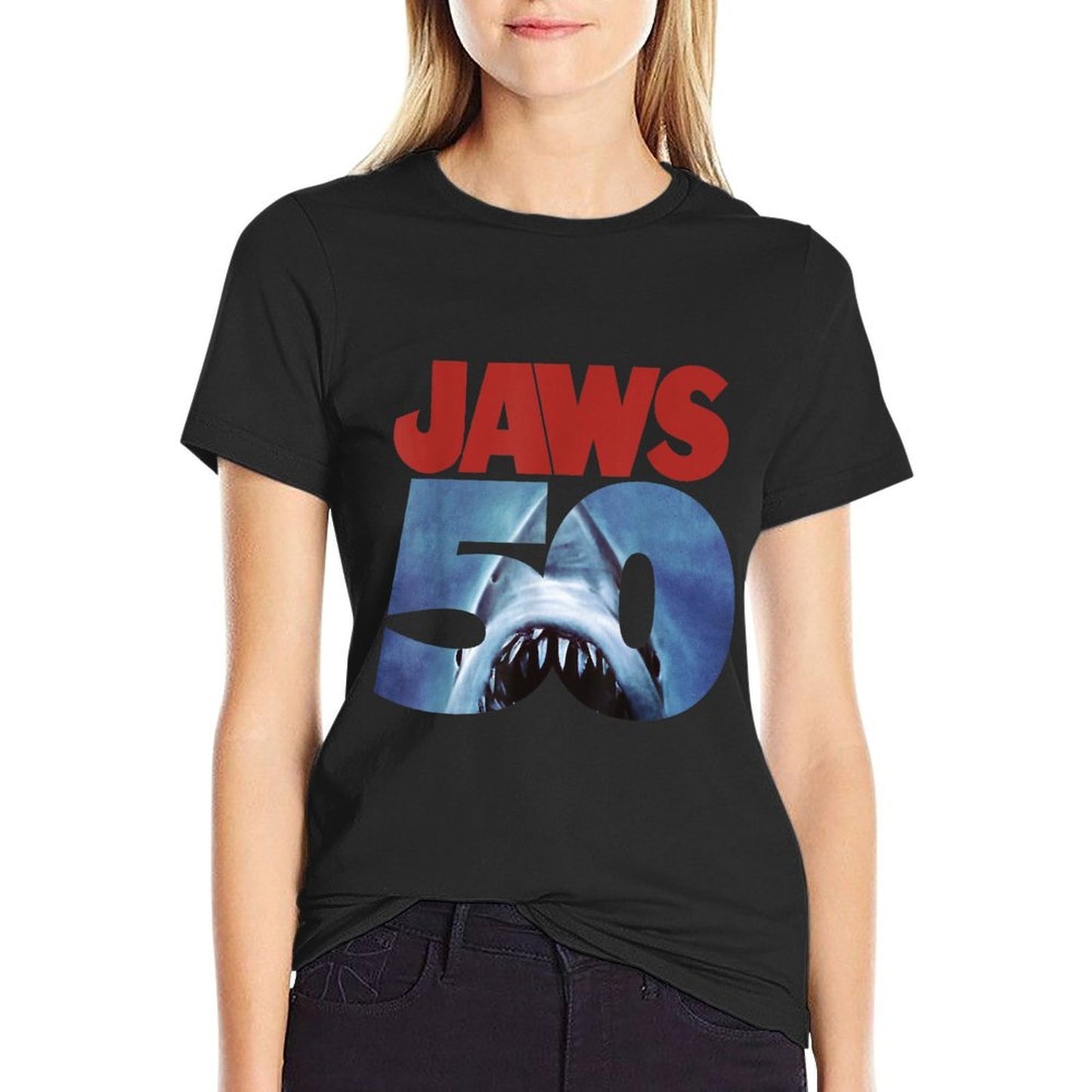 Jaws 50th Anniversary Logo Front & Back  Cotton T-Shirt