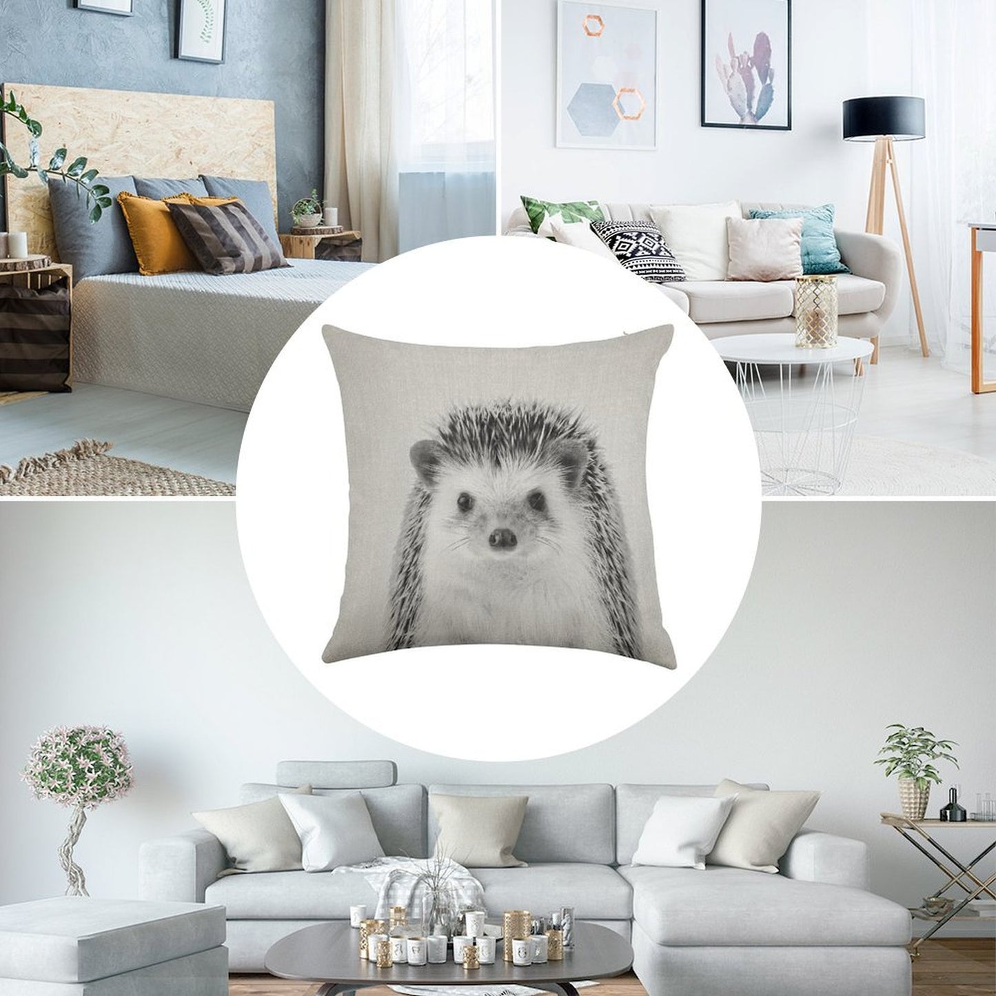 Hedgehog - Black & White Linen Throw Pillow Cover