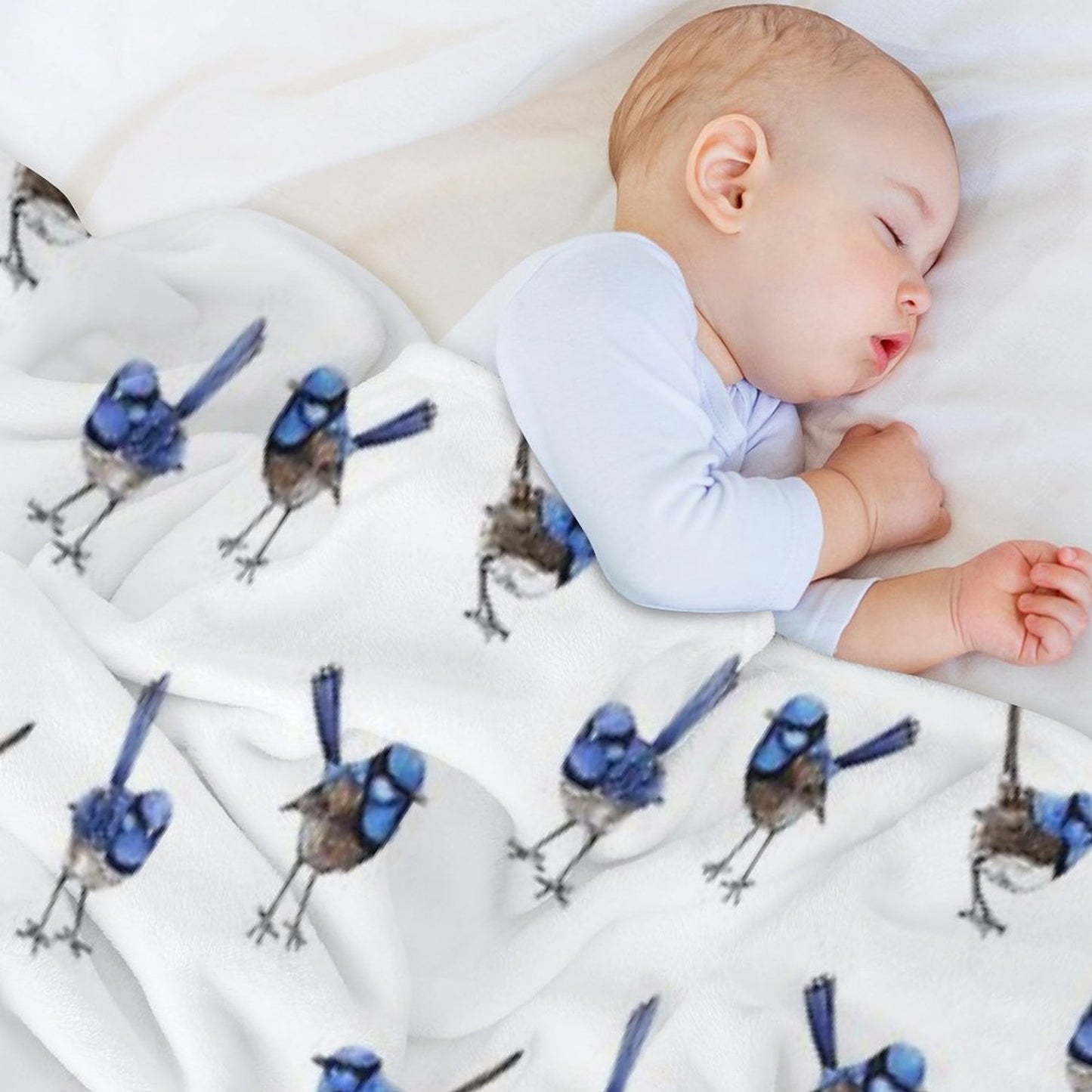 Blue Wrens, Scattered on White Throw Blanket