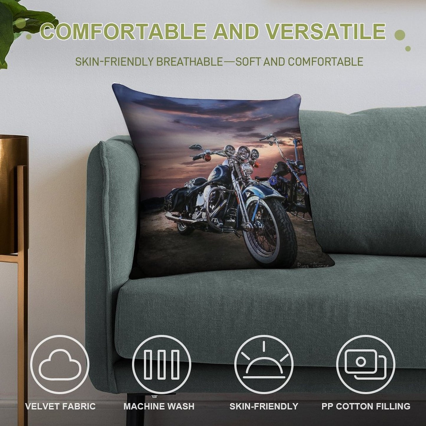 Harley Davidson Beautiful Sunset Soft Reinforced Edging Throw Pillow
