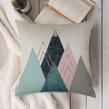 Abstract Minimalist Mountain - Pink, Teal And Blue Linen Throw Pillow Cover
