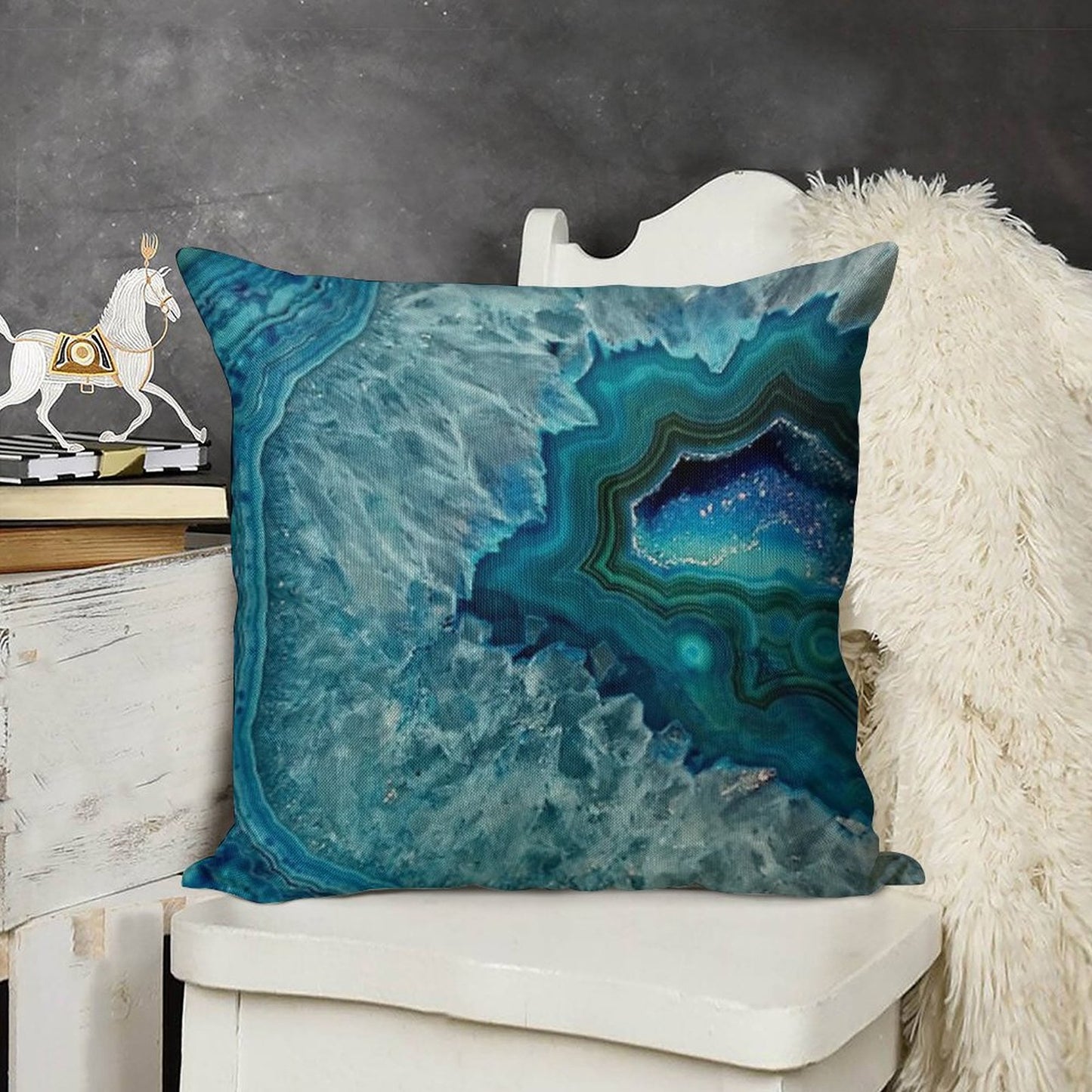 Teal Aqua Turquoise Blue Rock Agate Mineral Crystals Pattern Linen Throw Pillow Cover