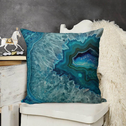 Teal Aqua Turquoise Blue Rock Agate Mineral Crystals Pattern Linen Throw Pillow Cover