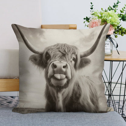 Cheeky Highland Cow Linen Throw Pillow Cover