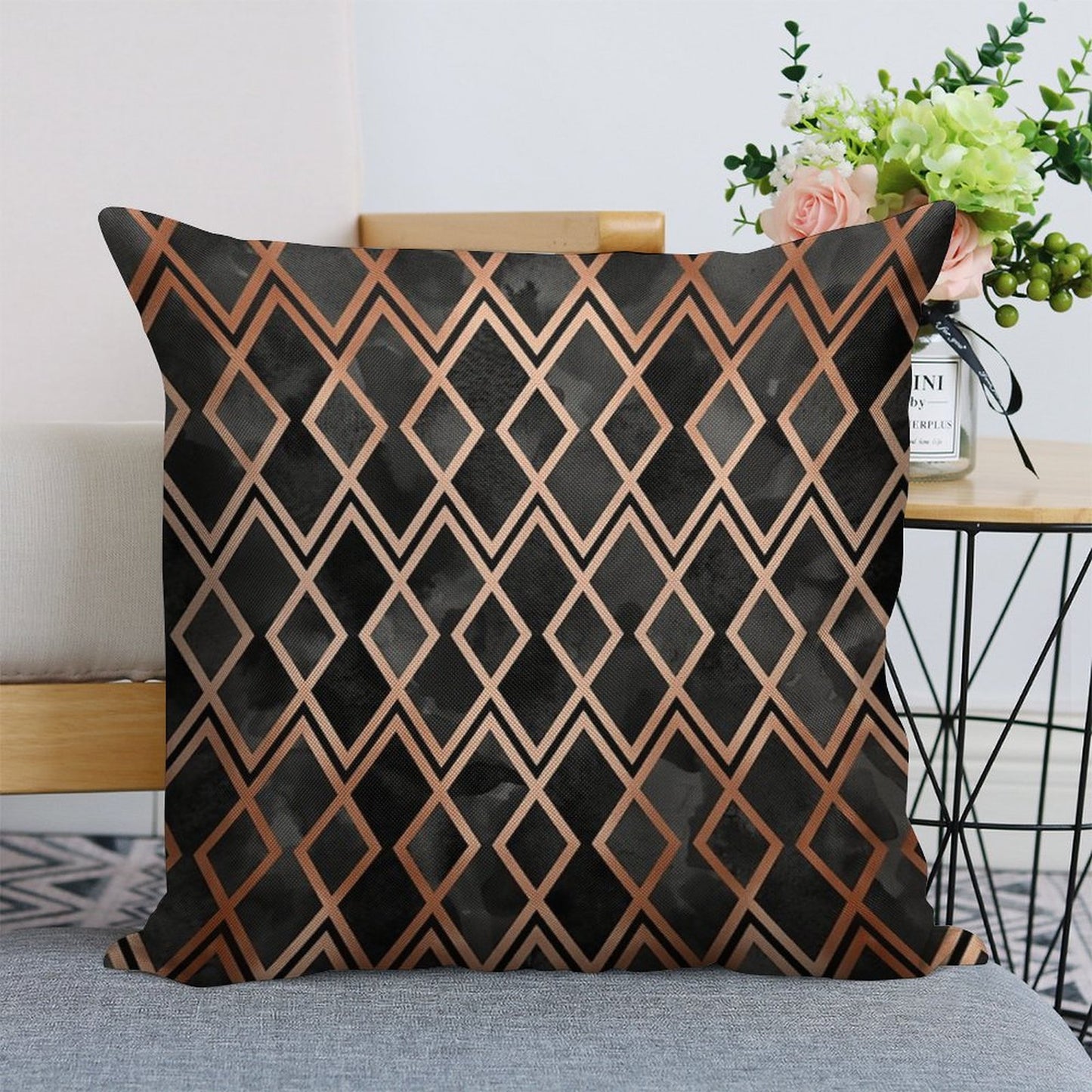 Copper And Black Geo Diamonds Linen Throw Pillow Cover