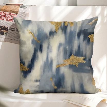 Blue And Gold Ikat Abstract Linen Throw Pillow Cover