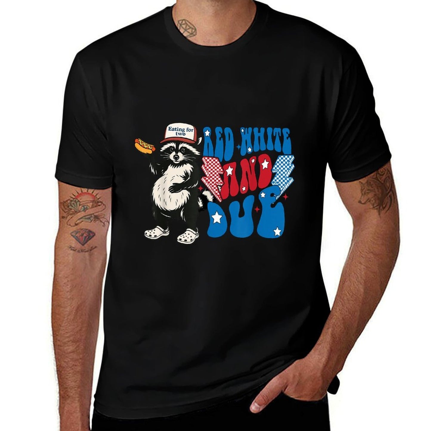 Red White And Due Funny Raccoon 4th of July Patriotic  Ribbed Collar T-Shirt