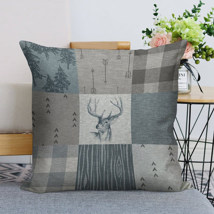 Deer Patchwork - Rustic Blue And Grey Linen Throw Pillow Cover
