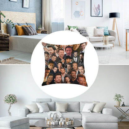 Hugh Jackman Photo Collage Linen Throw Pillow Cover
