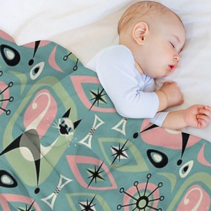 Mid Century Siamese Cat Abstract on Blue Throw Blanket