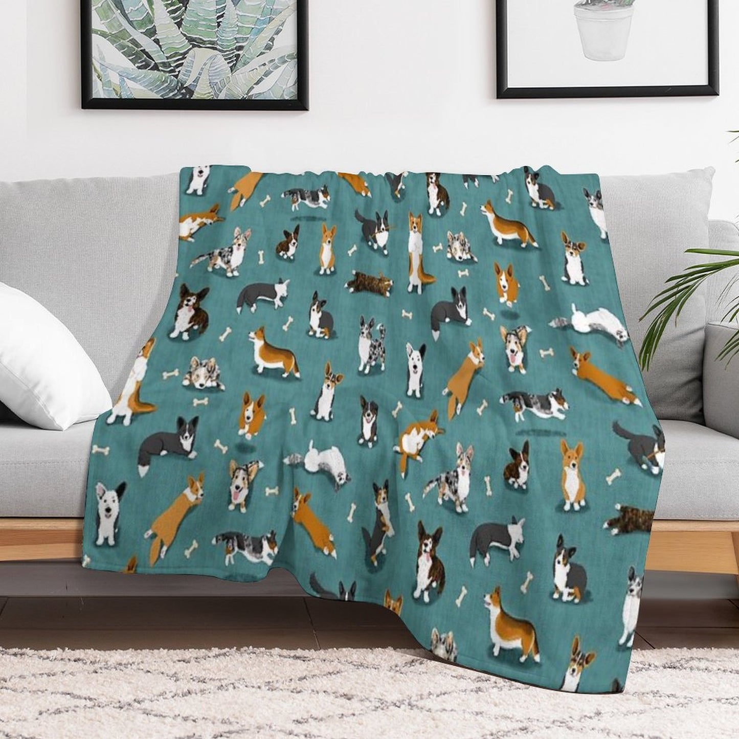 Cardigan Corgi Pattern on Teal Throw Blanket