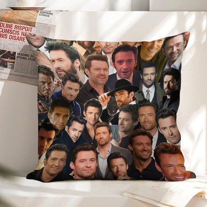 Hugh Jackman Photo Collage Linen Throw Pillow Cover