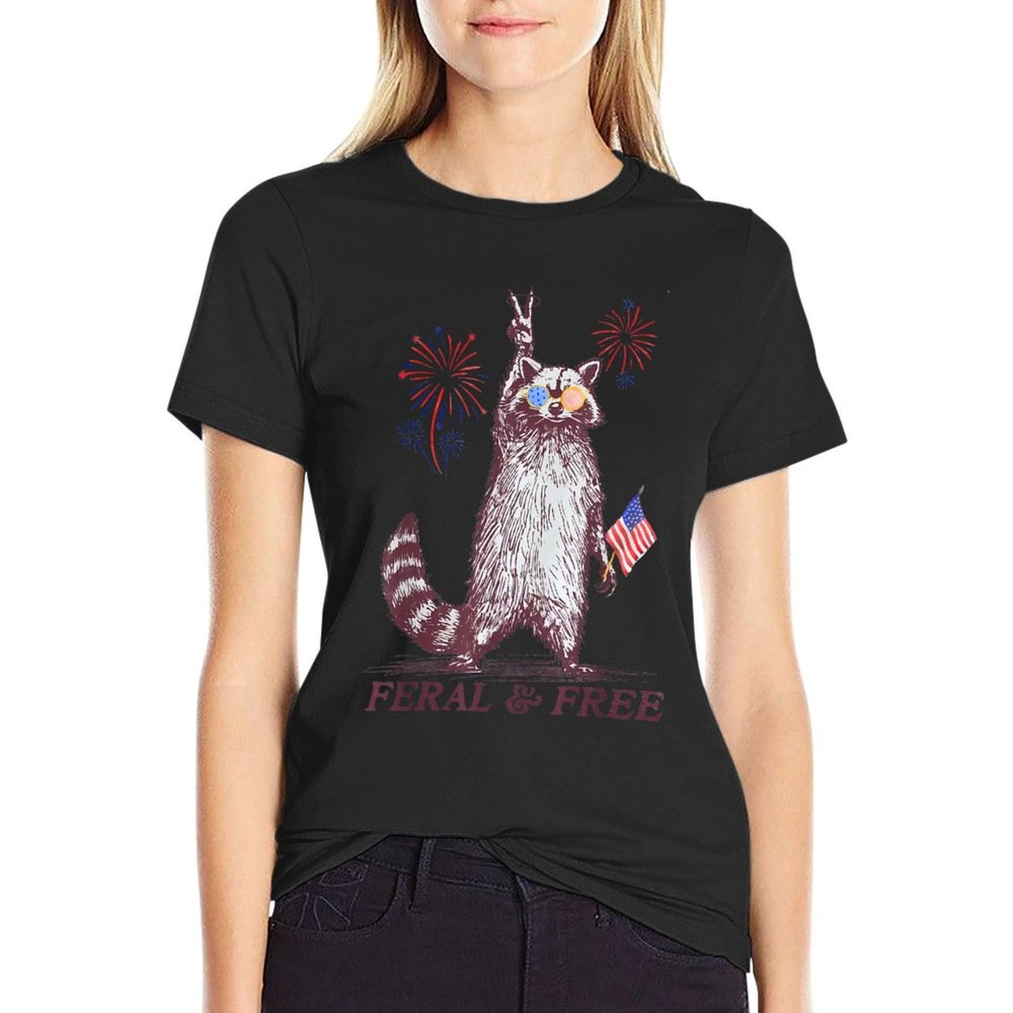 Feral & Free Funny Patriotic Racoon Feral And Free 4th July  Durable T-Shirt