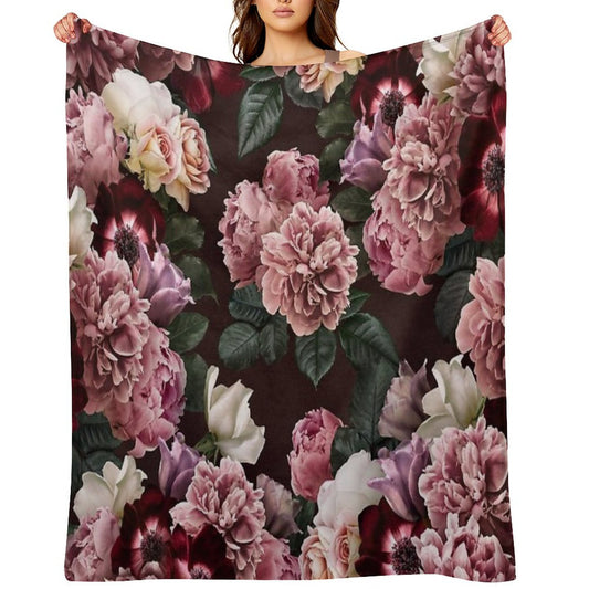 Vintage Bouquets of Pink Lush Peonies, Purple Tulips, Roses And Dark Red Anemones. Throw Blanket