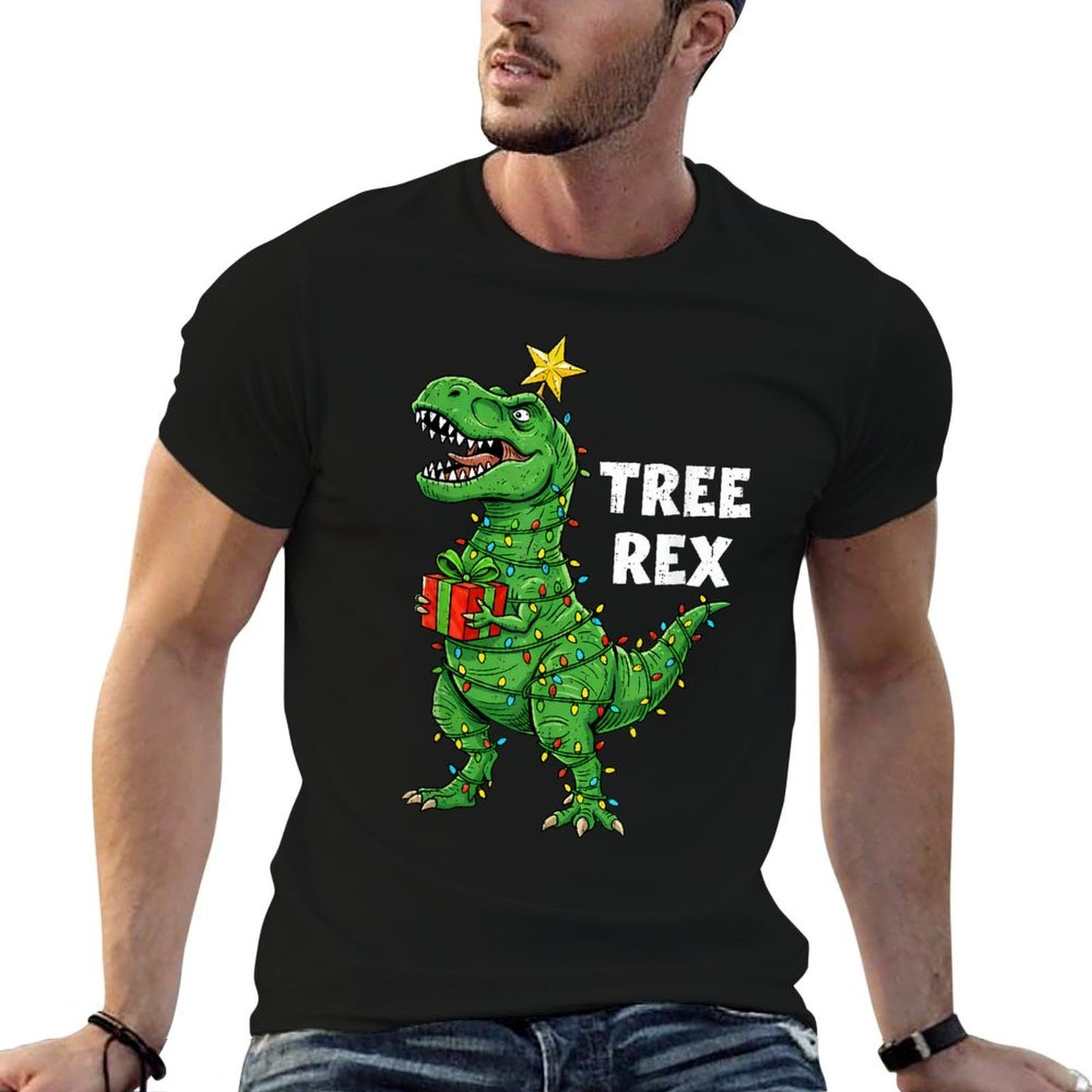 Funny Christmas Dinosaur Tree Rex Dino Santa Xmas Lights  Lightweight T-Shirt