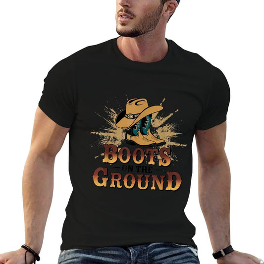 Boots On The Ground Western Cowboy Rodeo Country  Ribbed Collar T-Shirt