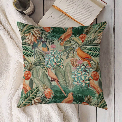 Vintage Orange Tropical Bird Jungle Botanical Garden Nightgarden Linen Throw Pillow Cover