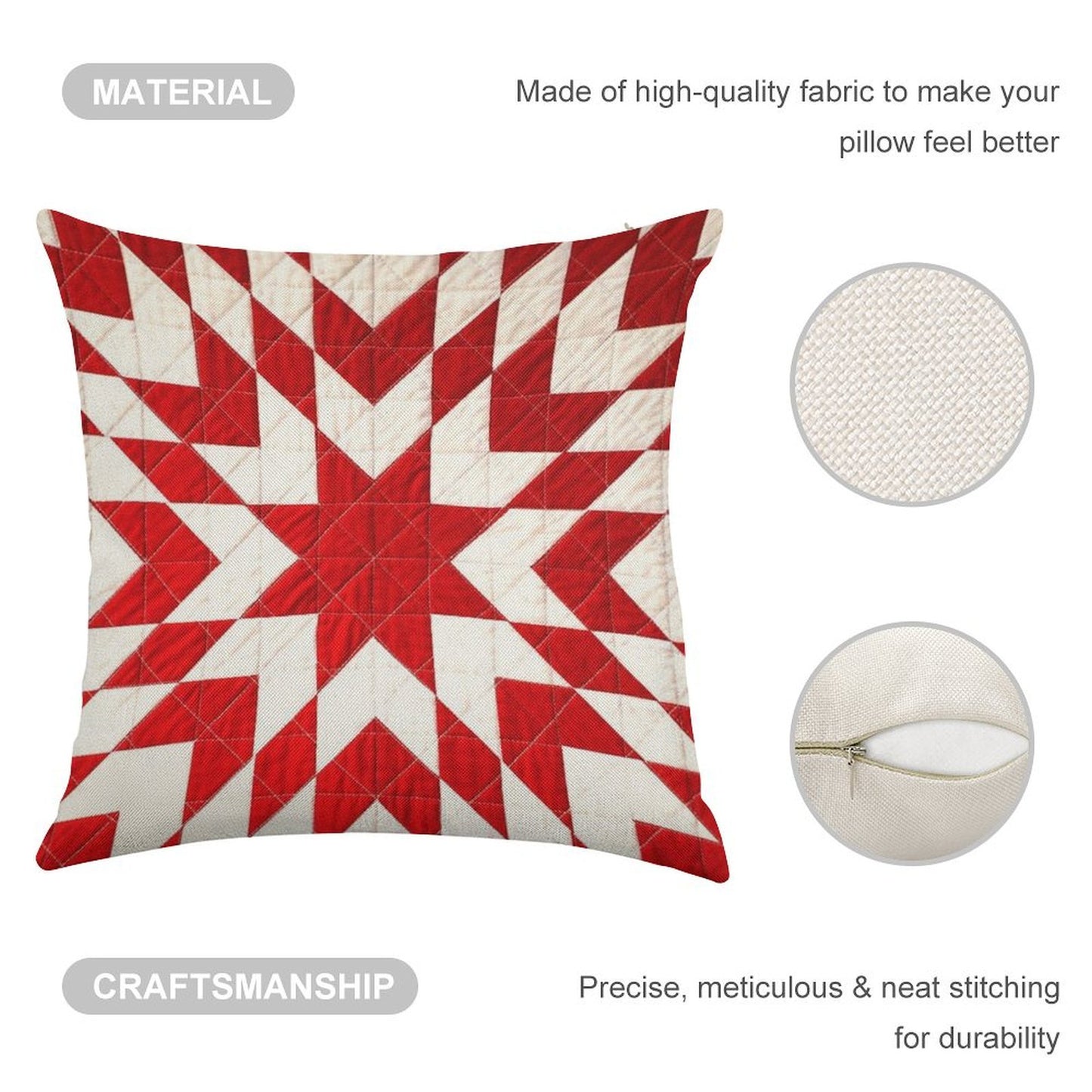 Red And White Lone Star Quilt Linen Throw Pillow Cover