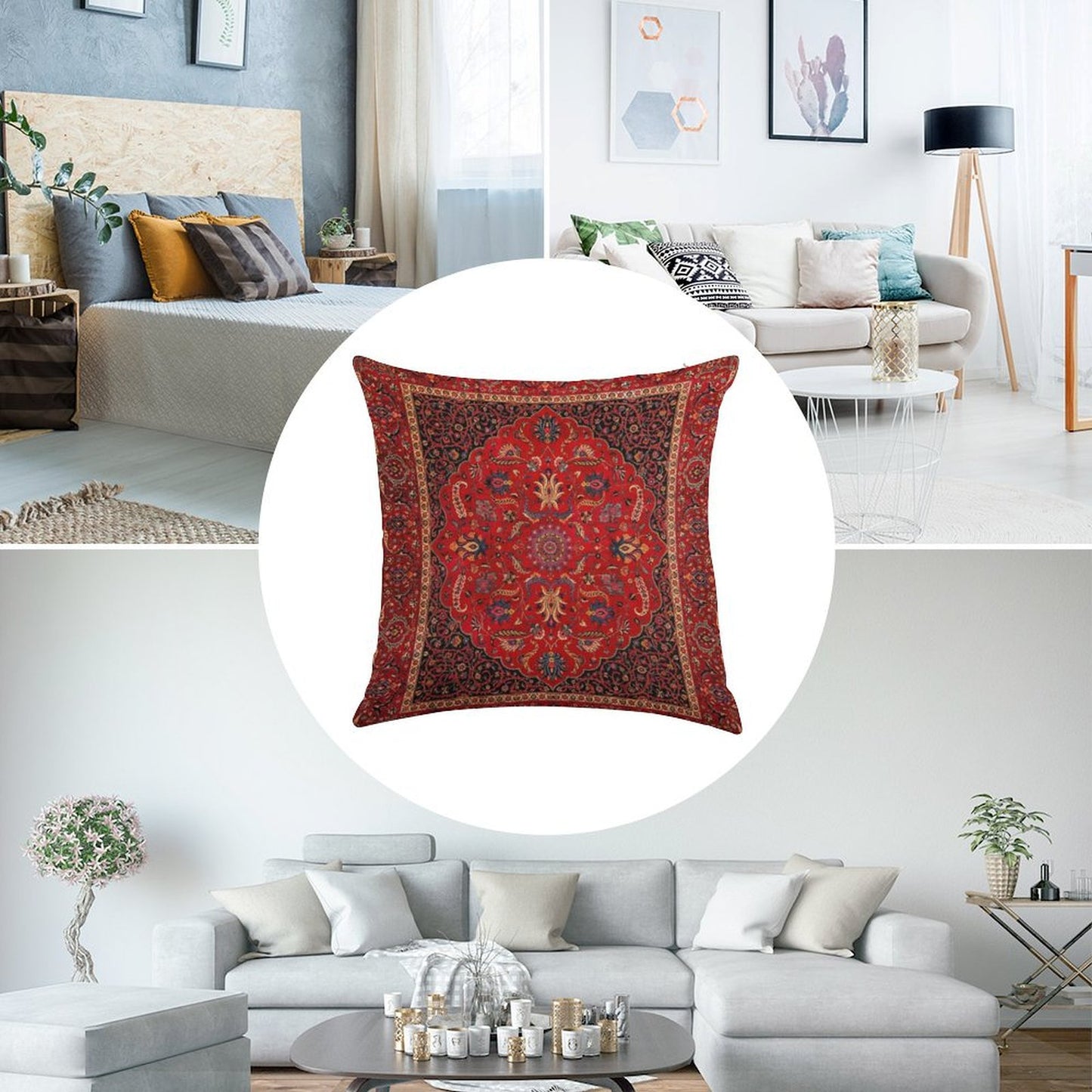 Red Persian Rug Linen Throw Pillow Cover