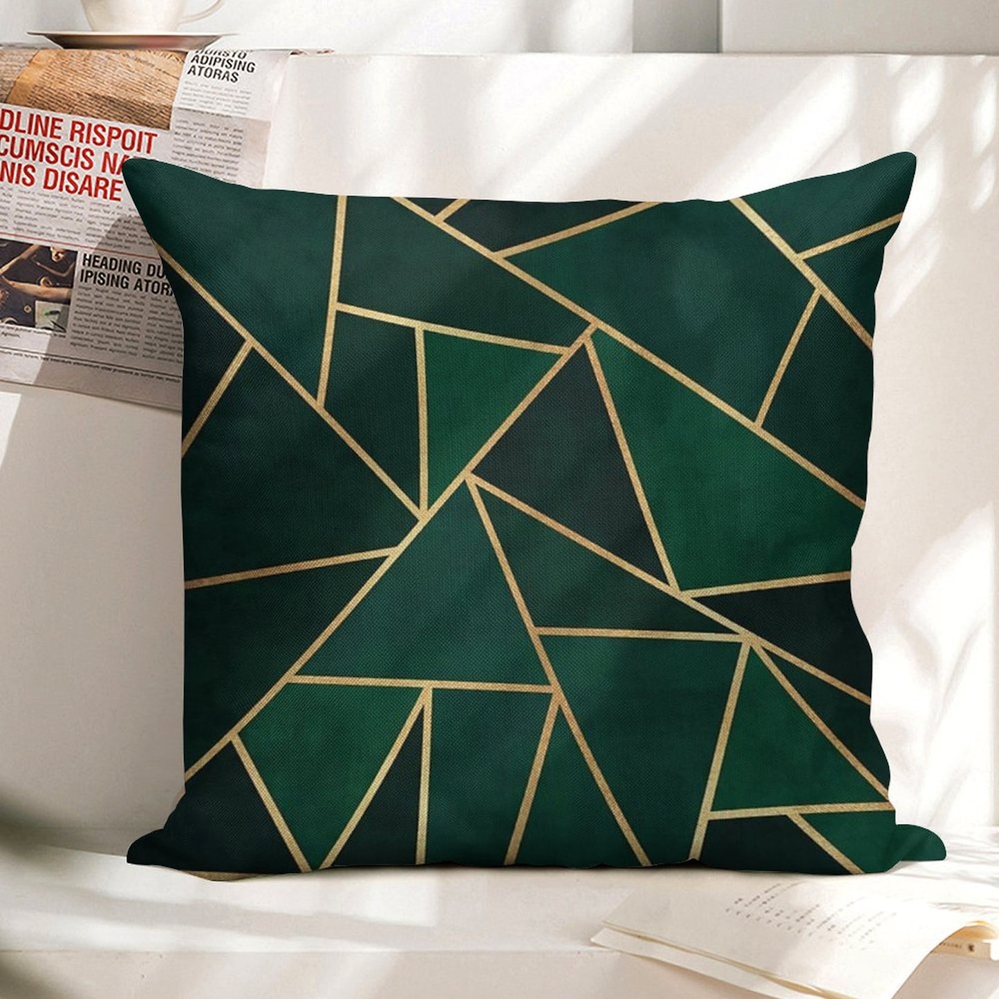 Green & Gold Pattern Linen Throw Pillow Cover