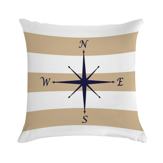 Nautical Navy Blue Compass On Tropical Tan And White Stripes Soft Durable Construction Throw Pillow