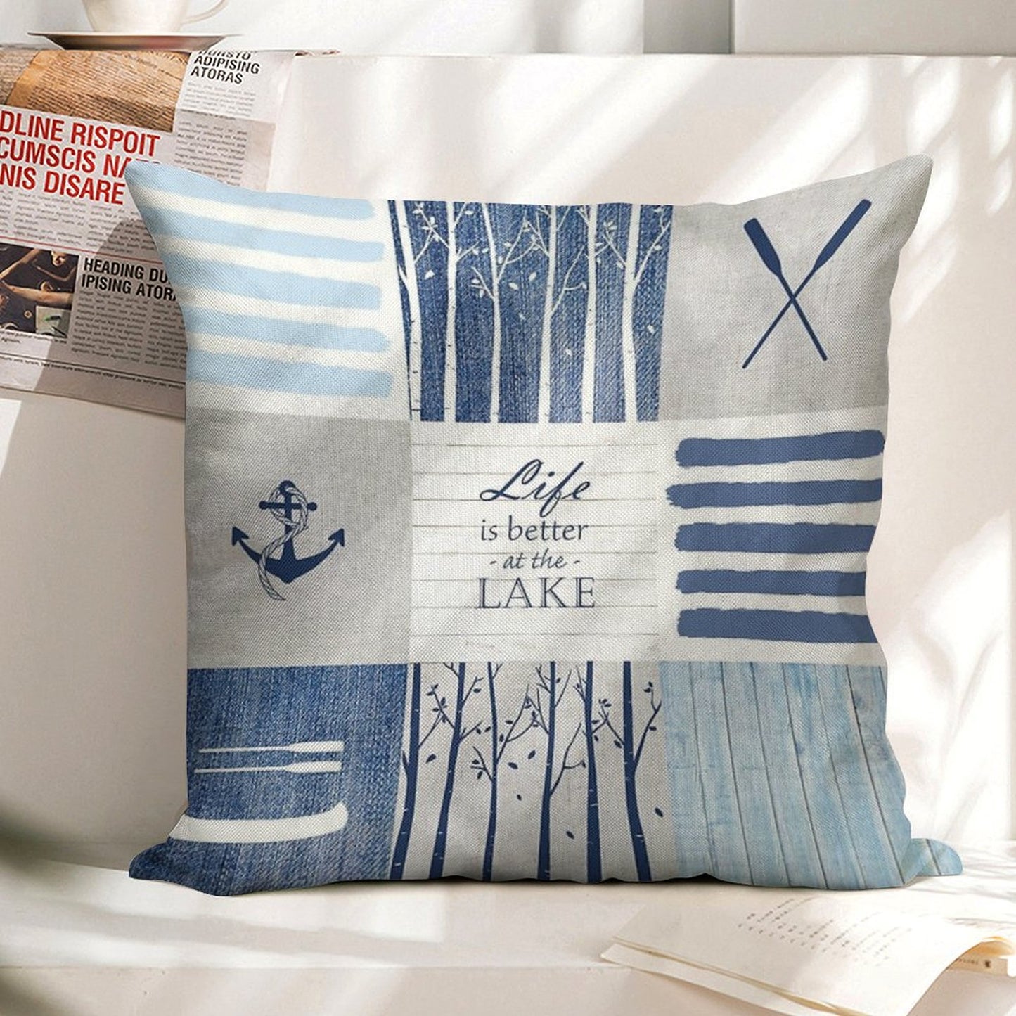 Life Is Better at The Lake Patchwork Linen Throw Pillow Cover