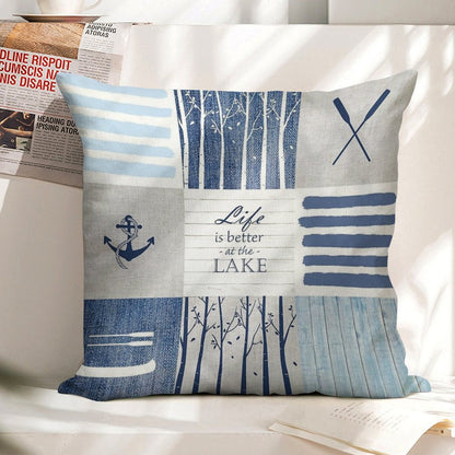 Life Is Better at The Lake Patchwork Linen Throw Pillow Cover