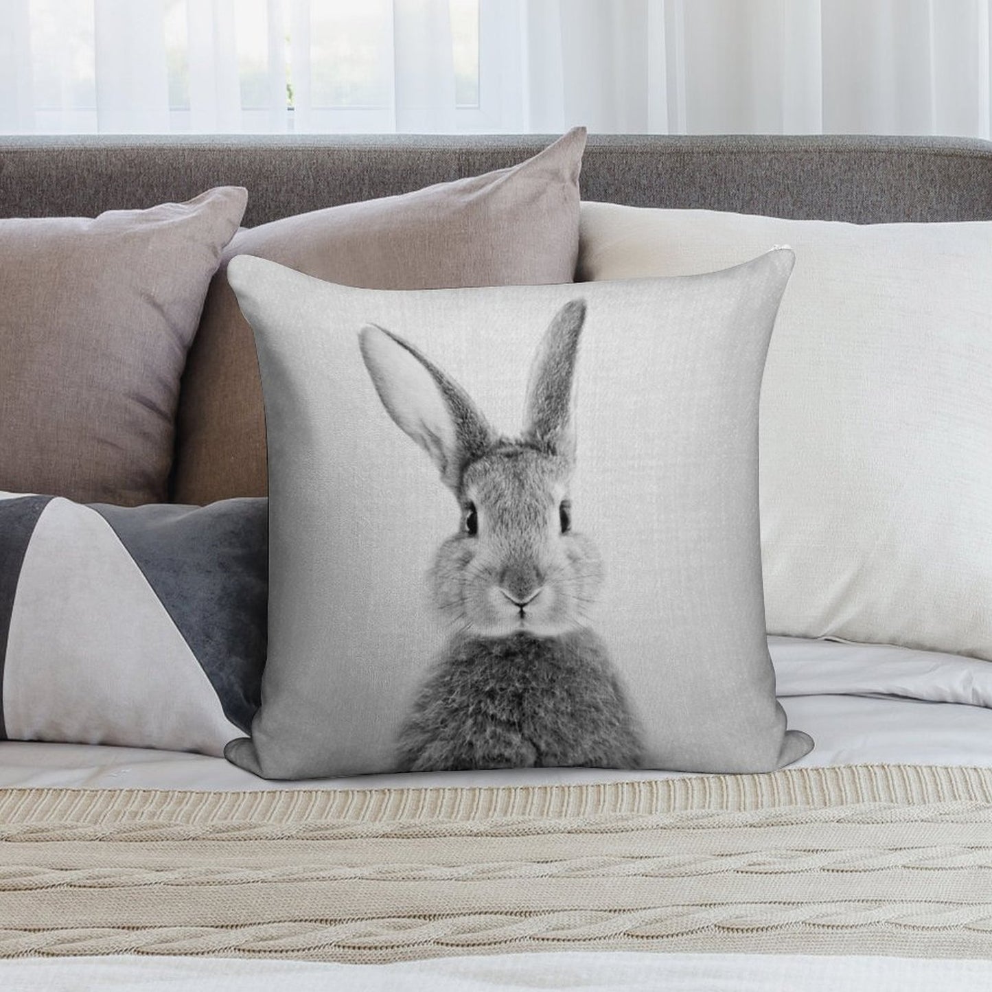 Rabbit - Black & White Soft Fade-Resistant Throw Pillow