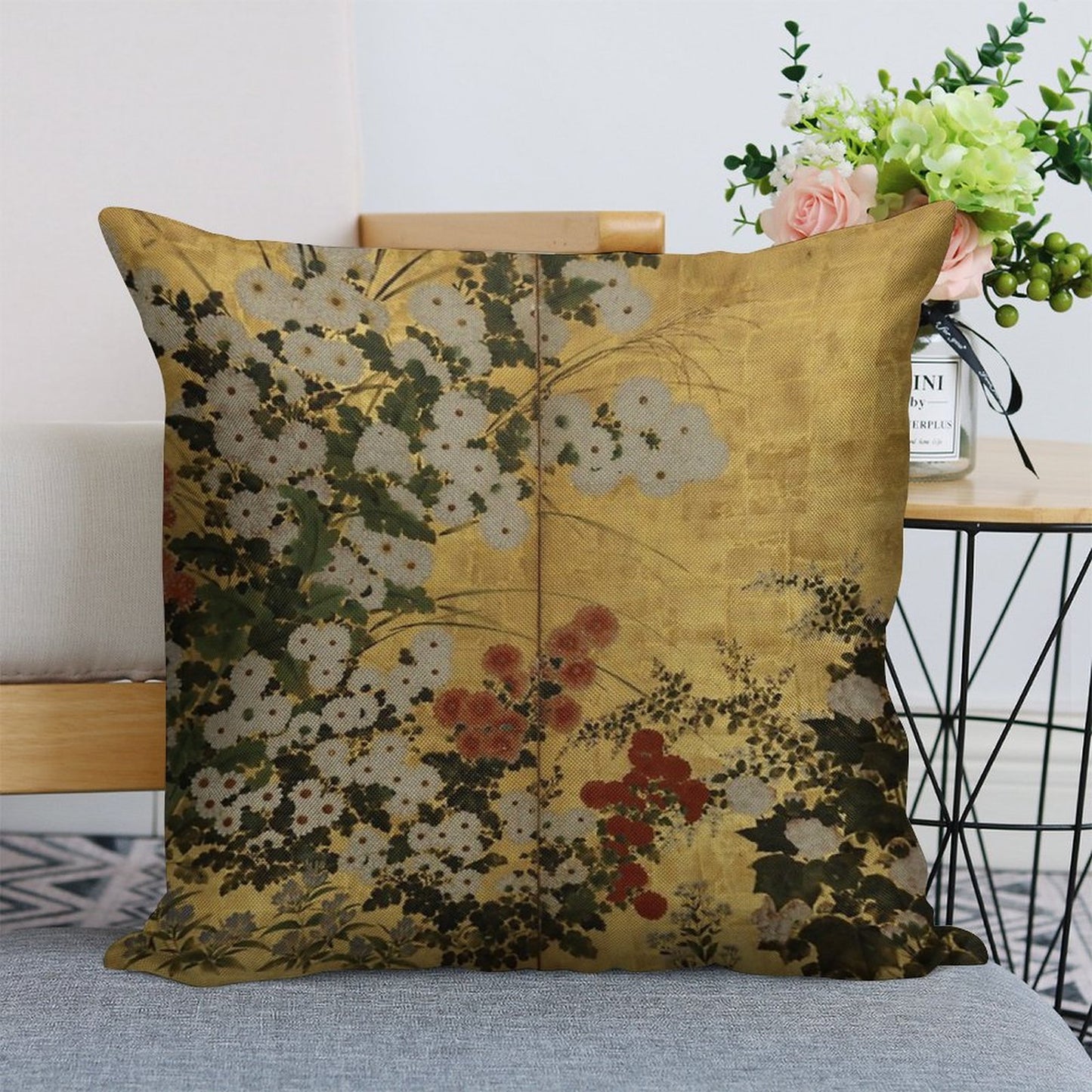 White Red Chrysanthemums Floral Japanese Gold Screen Print Linen Throw Pillow Cover