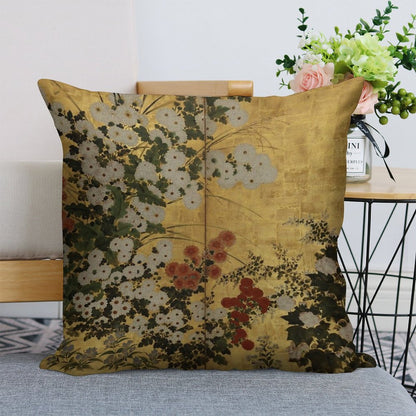 White Red Chrysanthemums Floral Japanese Gold Screen Print Linen Throw Pillow Cover