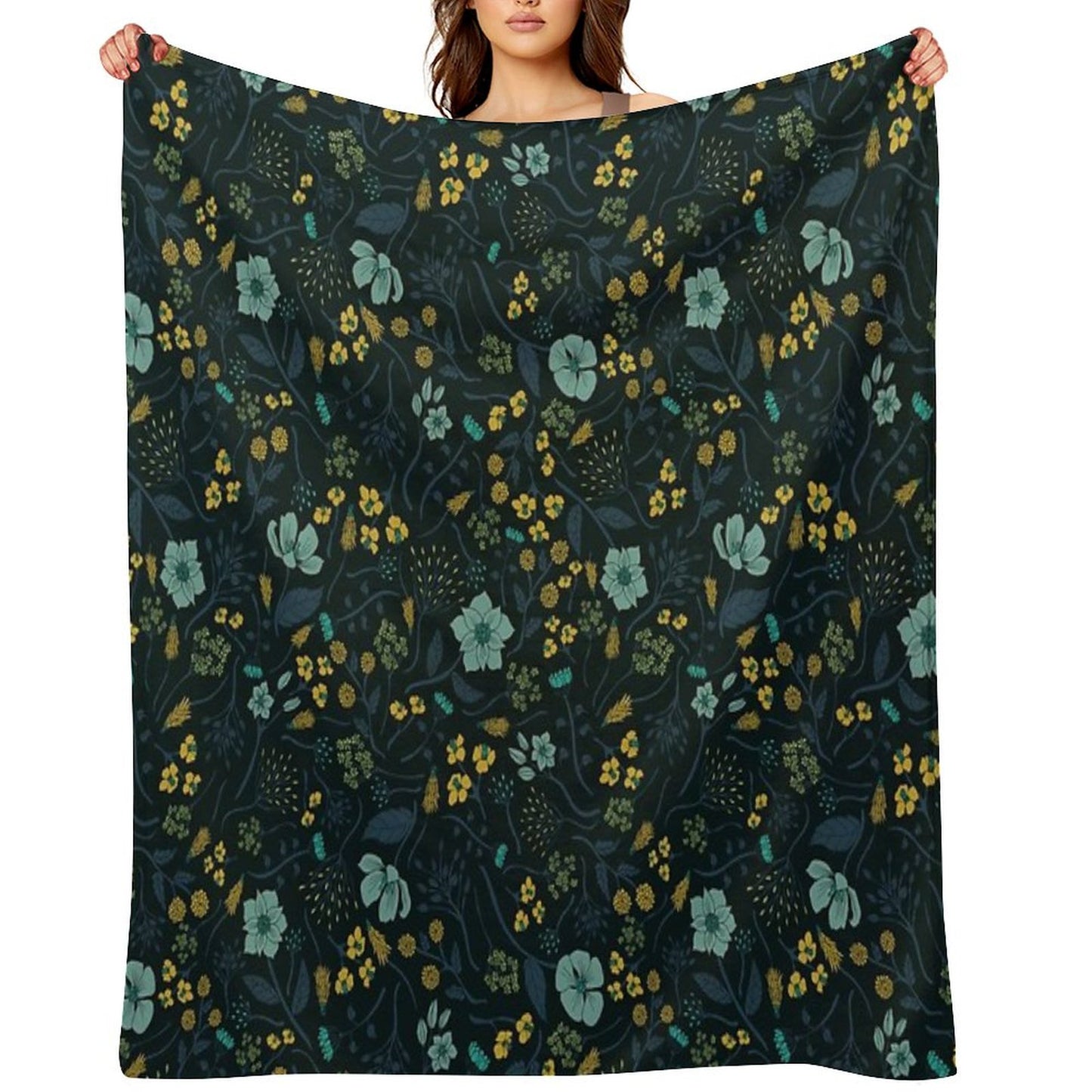 Turquoise, Yellow, Green & Dark Blue Floral Pattern Throw Blanket