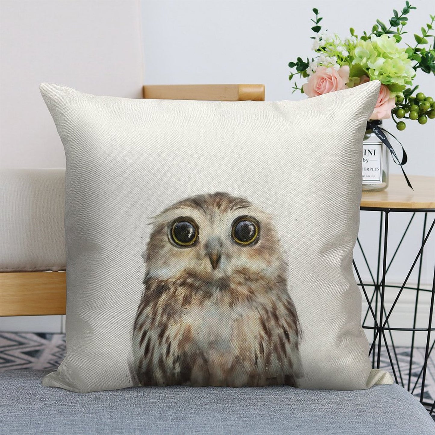 Little Owl Linen Throw Pillow Cover