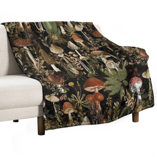 Vintage Midnight Mushrooms Forest Botanical Night Garden Pattern - Black Nightgarden Throw Blanket
