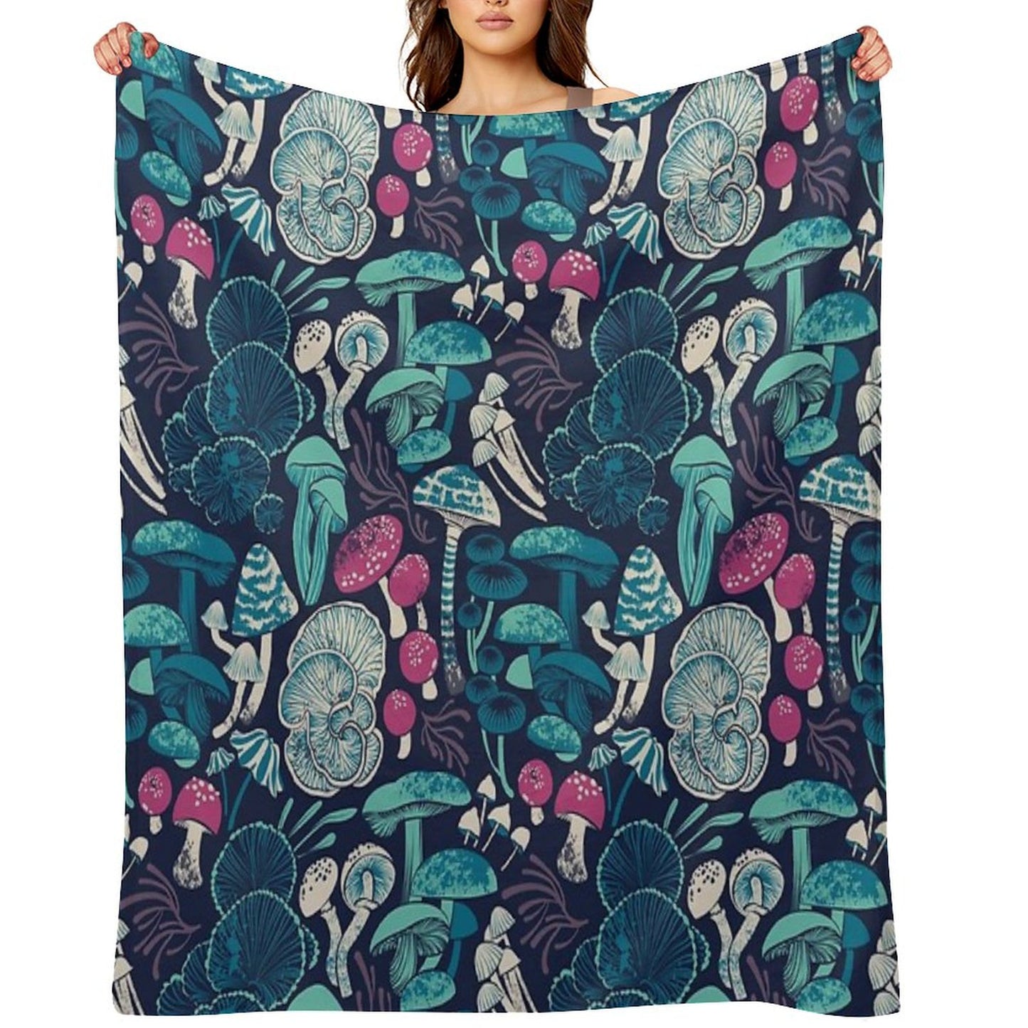 Mystical Fungi  Midnight Blue Background Mint Teal And Dark Pink Wild Mushrooms Throw Blanket