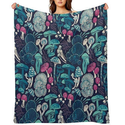 Mystical Fungi  Midnight Blue Background Mint Teal And Dark Pink Wild Mushrooms Throw Blanket