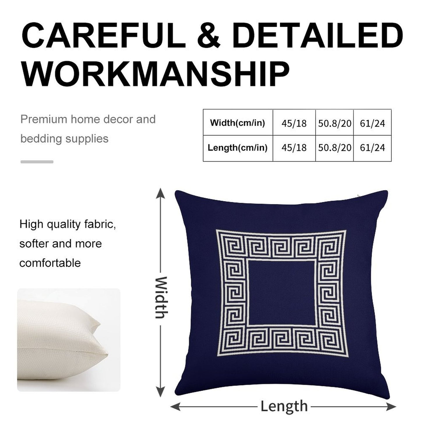 Navy Blue Greek Key Meander Square Linen Throw Pillow Cover