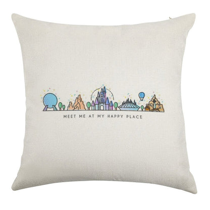 Meet Me at My Happy Place Vector Orlando Theme Park Illustration Design Linen Throw Pillow Cover