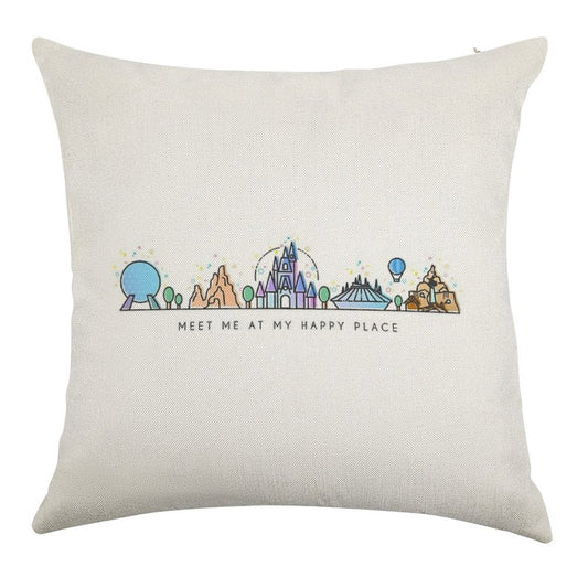Meet Me at My Happy Place Vector Orlando Theme Park Illustration Design Linen Throw Pillow Cover