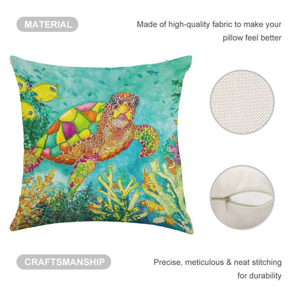 Colorful Watercolor Sea Turtle Linen Throw Pillow Cover