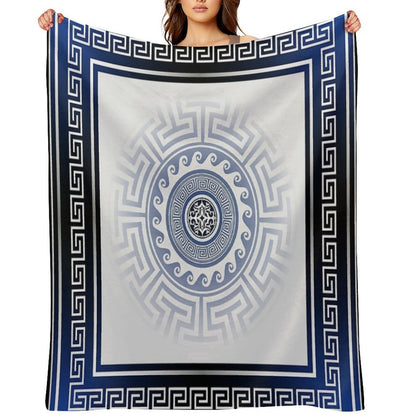 Greek Key Meander Blue White Silver Throw Blanket