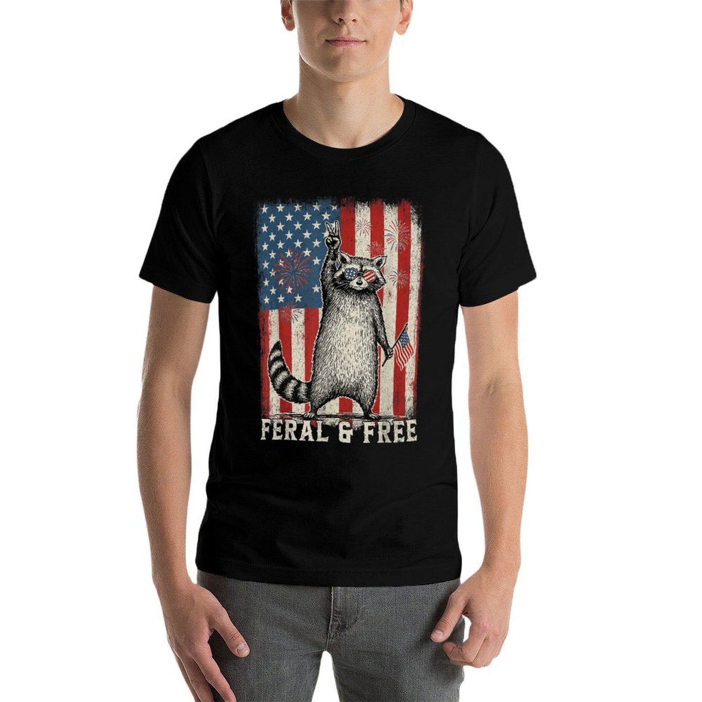 Feral But Free Raccoon July 4th Patriotic for Family  Cotton T-Shirt