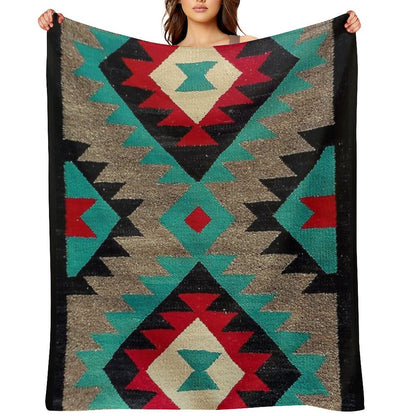 Navajo Blanket Pattern, Turquise, Red, Grey, Black Throw Blanket