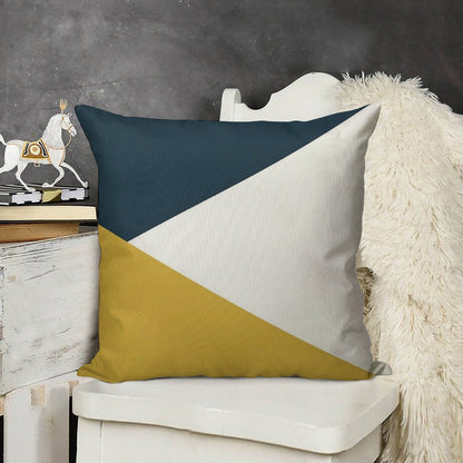Angled Color Block in Navy Blue, Light Mustard Yellow, And White Linen Throw Pillow Cover