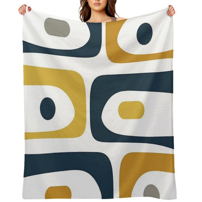 Mid Century Modern Piquet Abstract Minimalist Pattern in Navy Blue, Light And Dark Mustard, Grey, And White Throw Blanket
