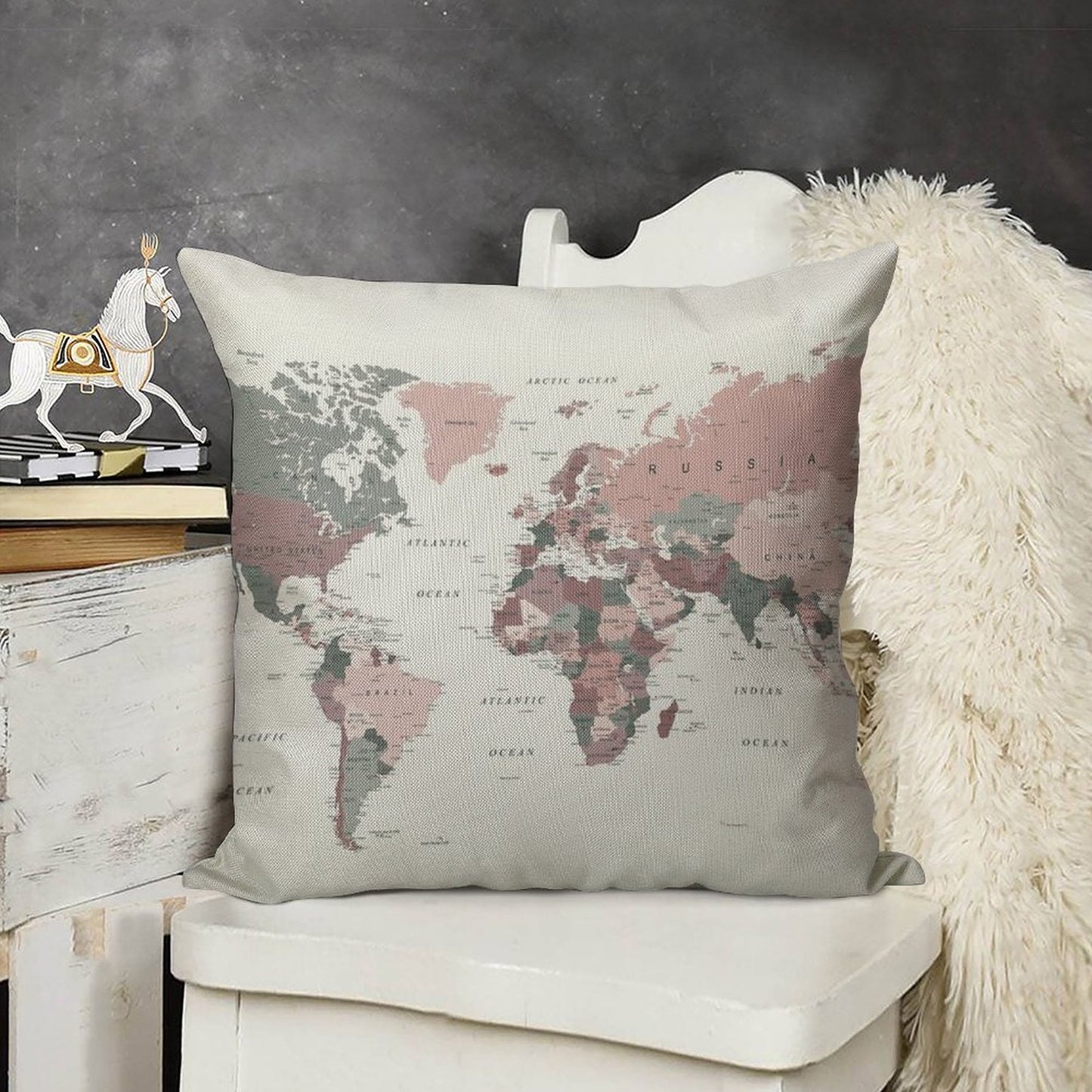Map of The World in Pink And Green Linen Throw Pillow Cover