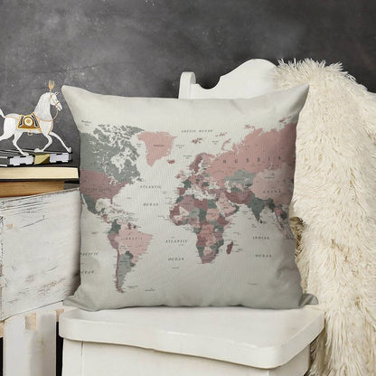 Map of The World in Pink And Green Linen Throw Pillow Cover