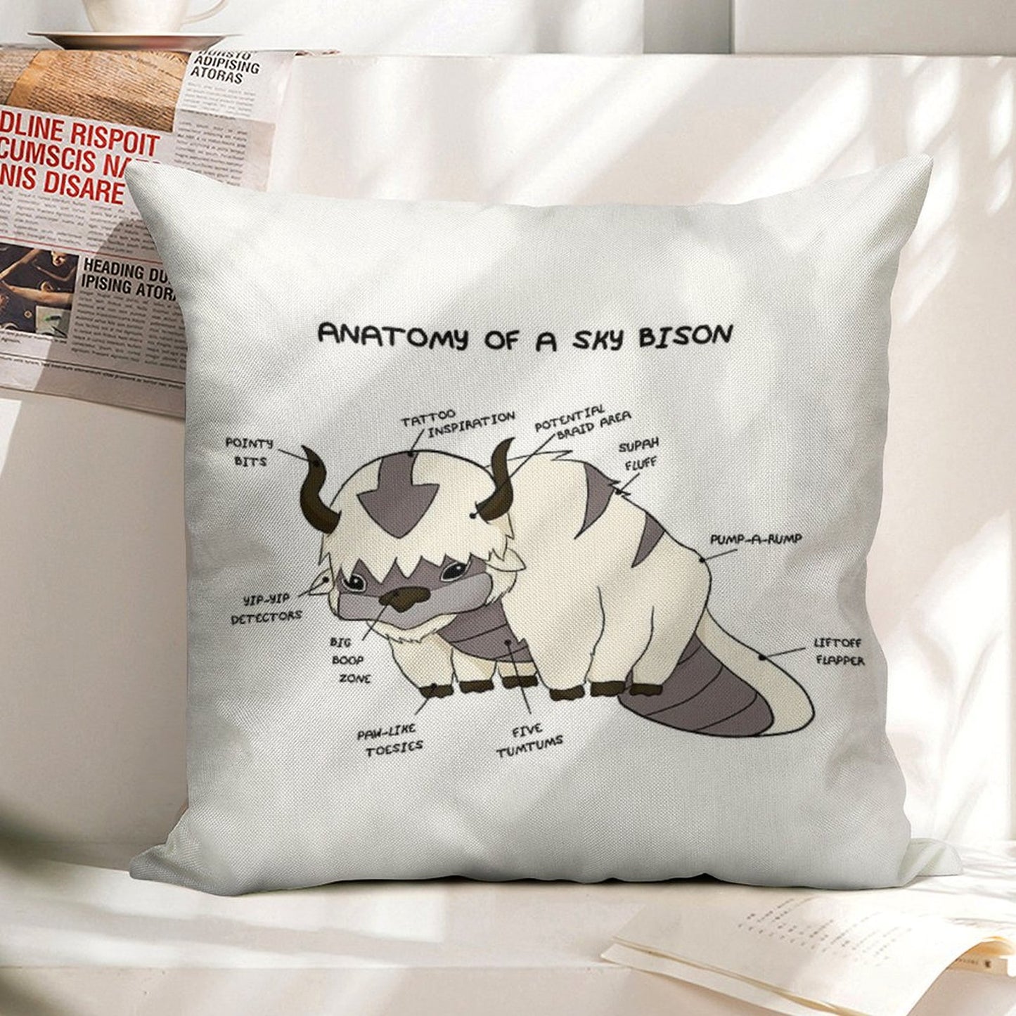 Anatomy of A Sky Bison Linen Throw Pillow Cover
