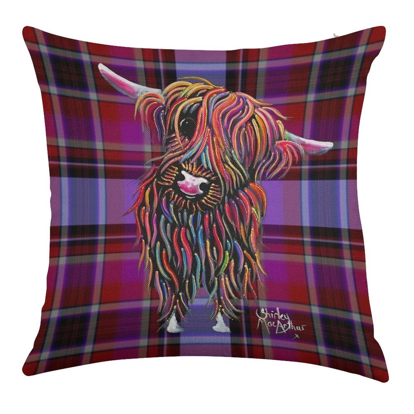 SCoTTiSH HiGHLaND CoW ' TaRTaN BoLLY P ' BY SHiRLeY MacARTHuR Linen Throw Pillow Cover