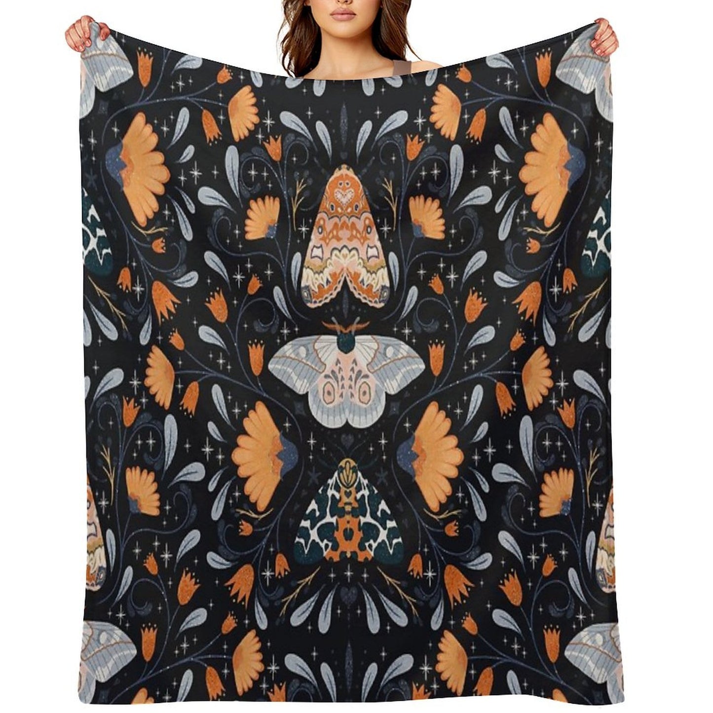 Floral Moths  Black Throw Blanket