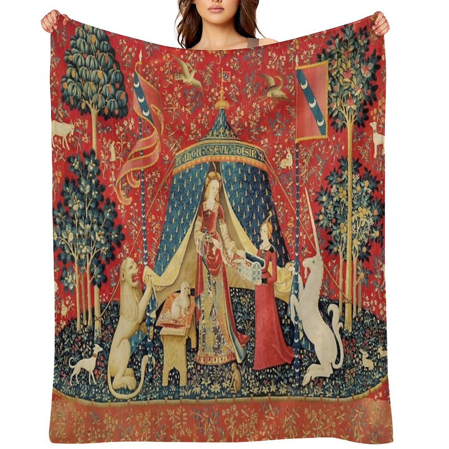 LADY AND THE UNICORN DESIRE ,Lion,Fantasy Flowers,Animals,Red Green Floral Tapestry Throw Blanket
